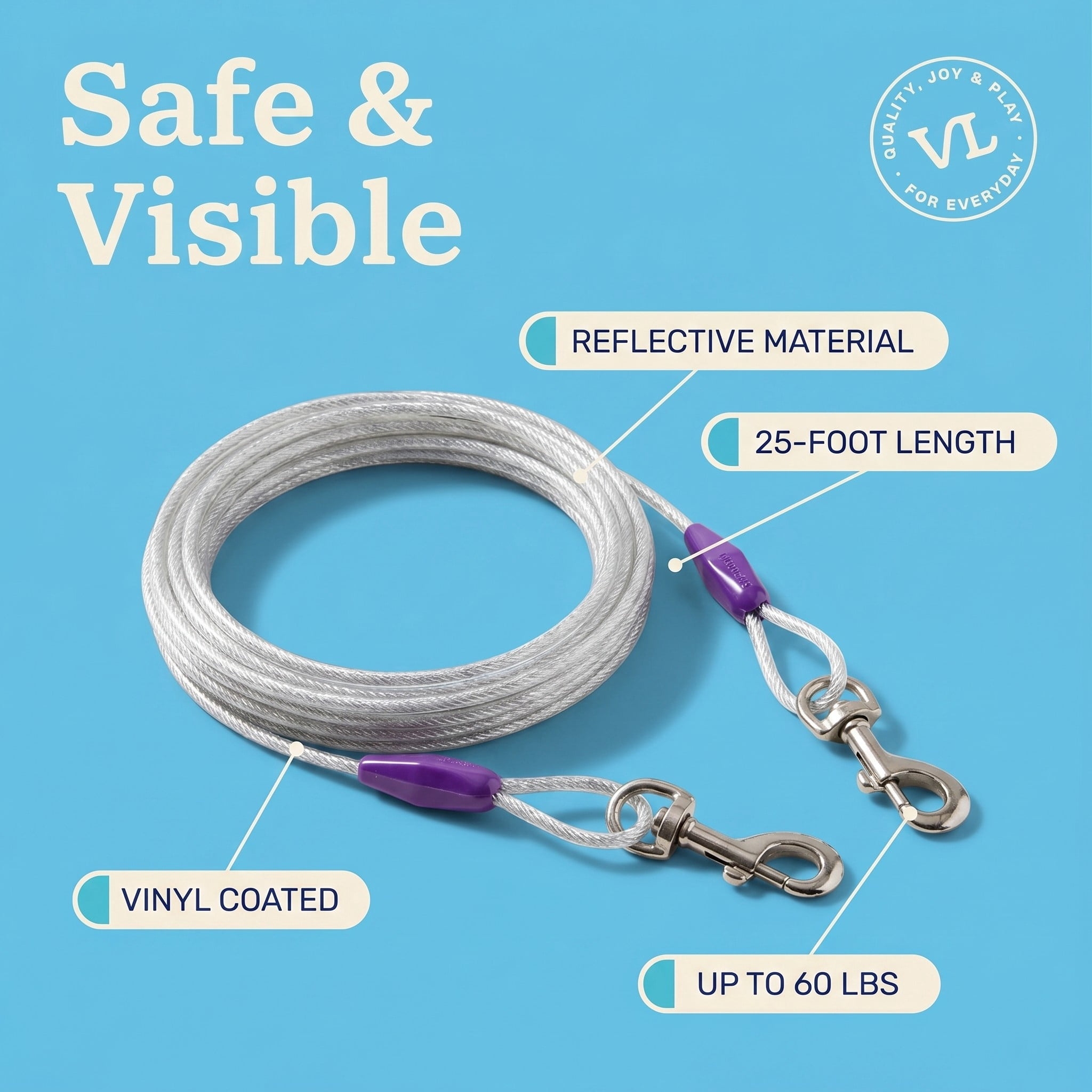 (2 pack) Vibrant Life Reflective Vinyl-Covered Tie-Out Cable for Dogs, M, 25'