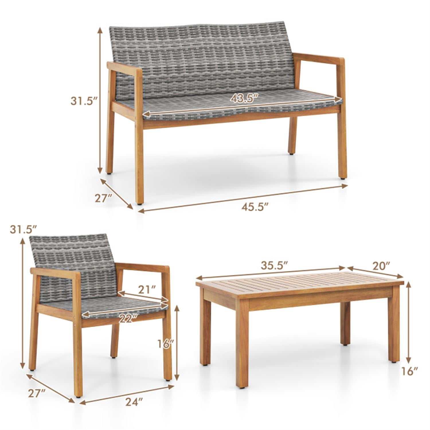 Demi Bonn 4-Piece Patio Furniture Set with Loveseat Single Chairs and Coffee Table, Conversation Armchairs for Garden Poolside Balcony, Gray