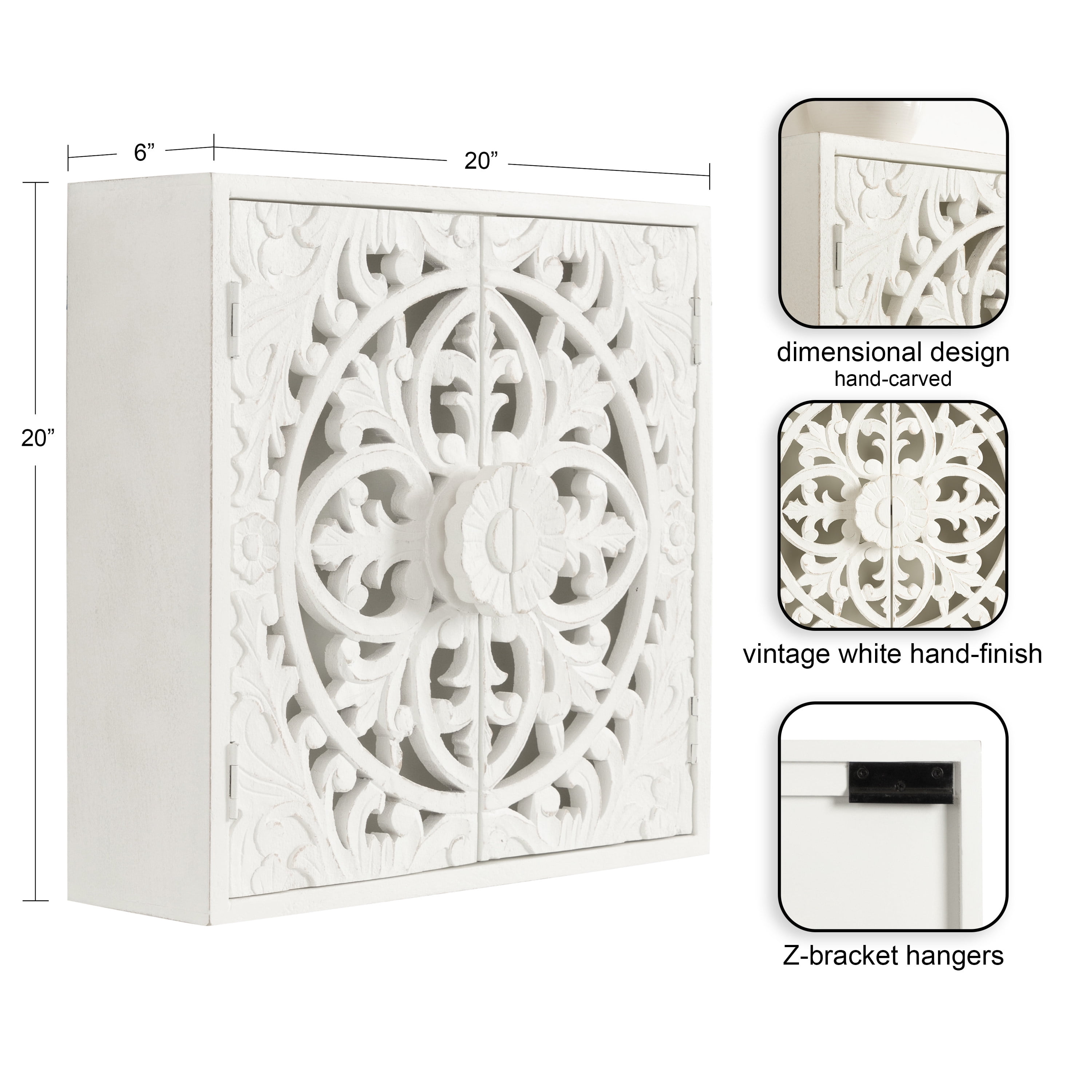 Kate and Laurel Saanvi Traditional Carved Wood Wall Cabinet, 20 x 6 x 20, White, Dimensional Over the Toilet Storage Cabinet for Bathroom Storage and Display