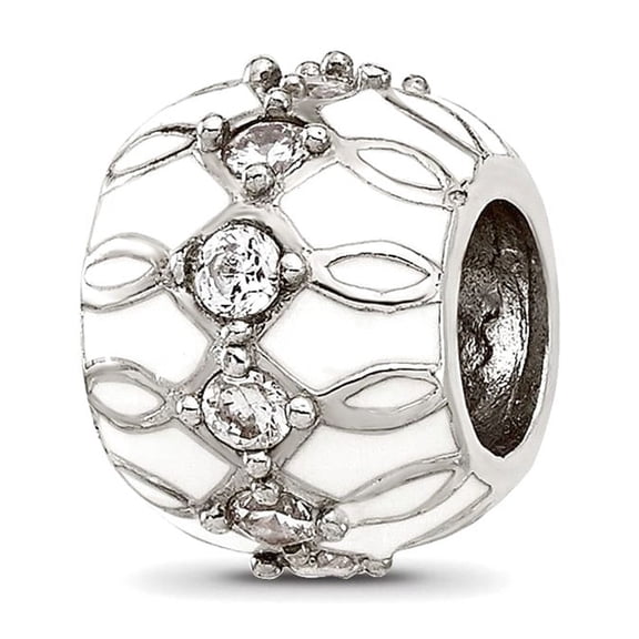 7.1mm 925 Sterling Silver Reflections White Enamel and Cubic Zirconia Fancy Bead Charm Pendant Necklace for Women