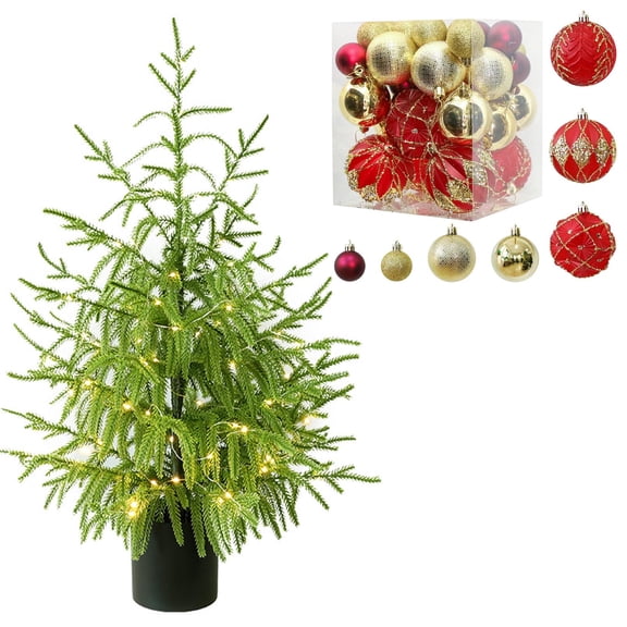HaoXun 24-Inch Pre-Lit Artificial Christmas Tree with Ornaments - Green Plastic Desktop Christmas Decorations for Holiday Home Office Party Decorations