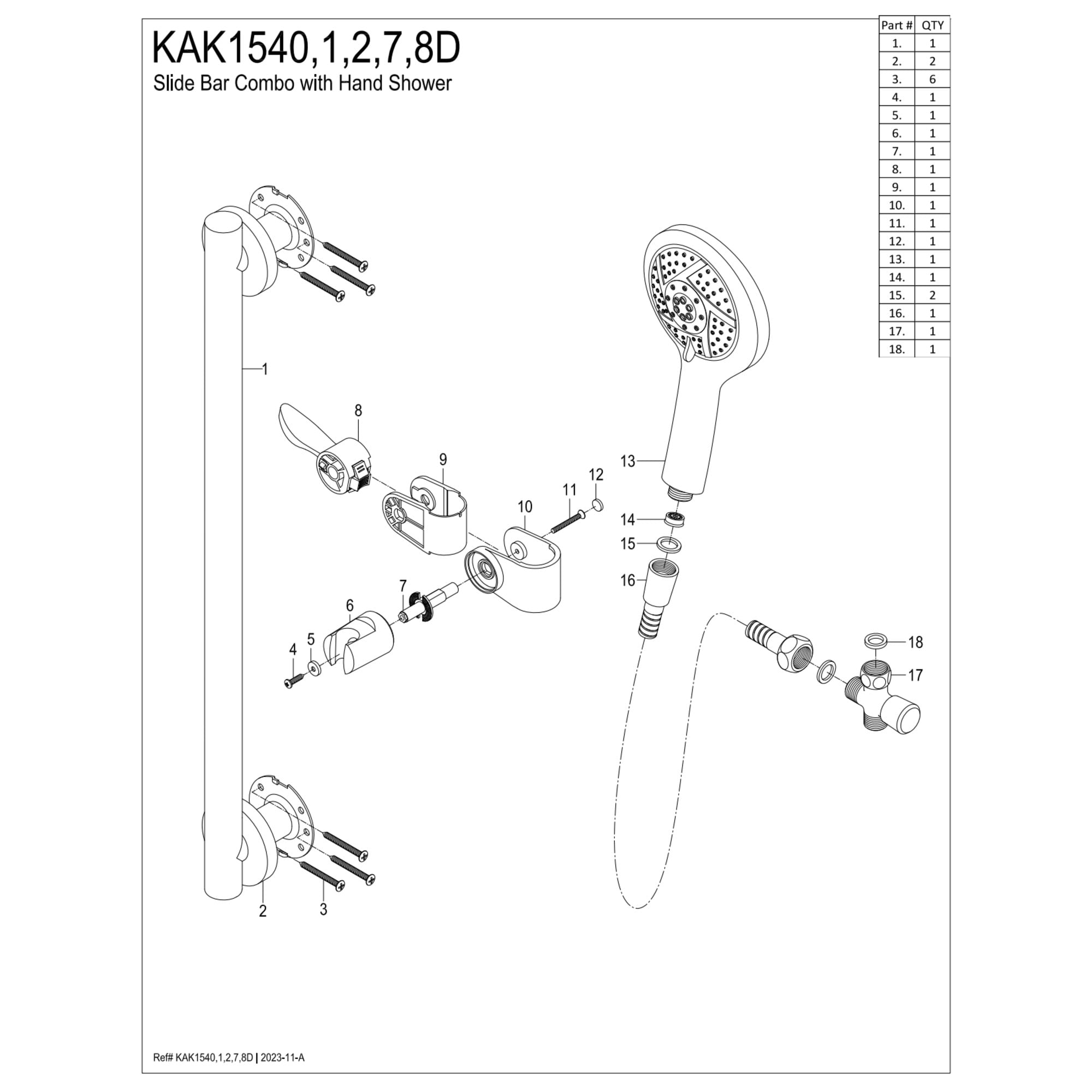 Kingston Brass KAK1548D Made to Match Shower System with Slide/Grab Bar and Hand Shower, Brushed Nickel