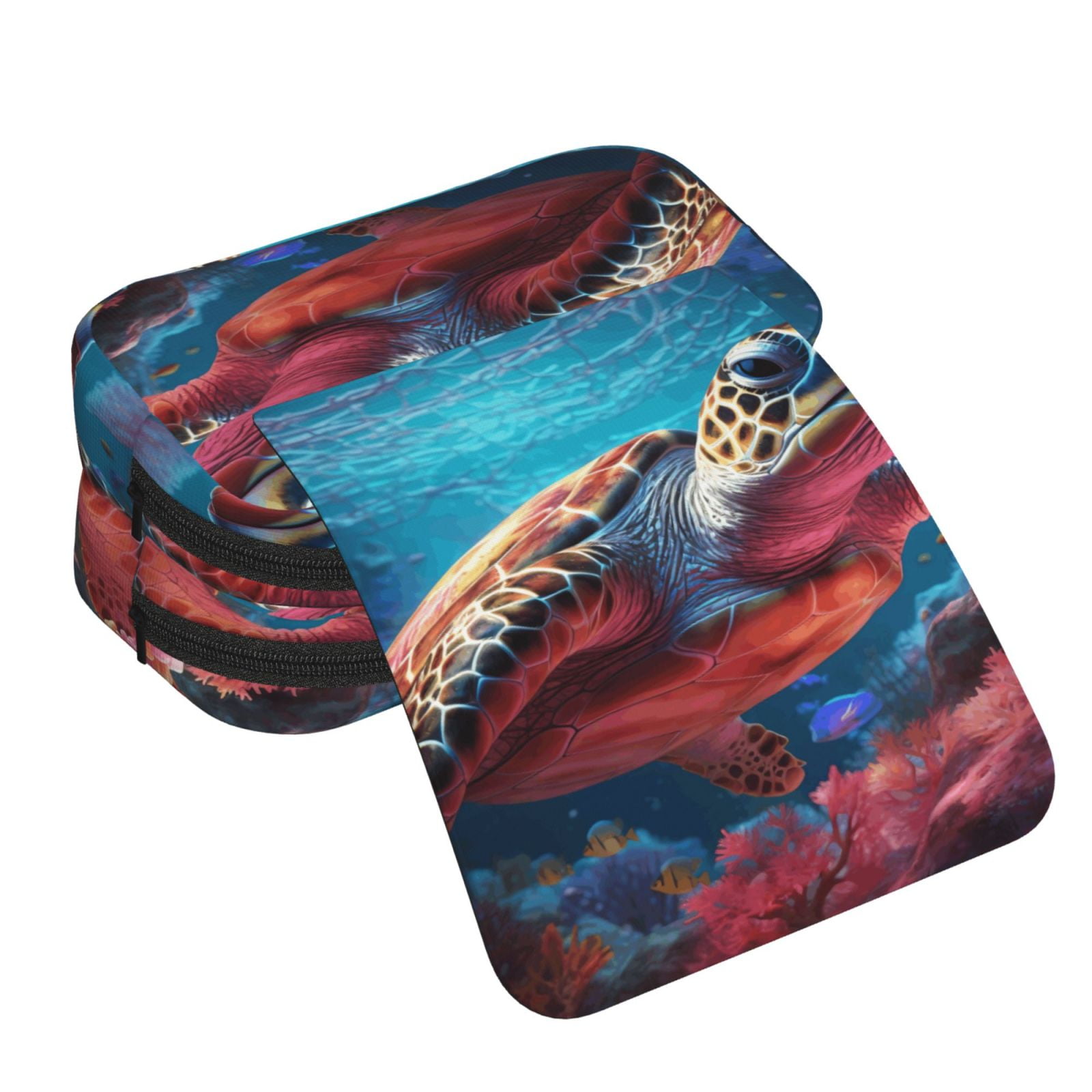 Rateoe Colorful Ocean Sea Turtle Pattern Double Clamshell Pen Case, Storage Organizer with Two Zipper Compartments– Holds Up to 50 Pencils & Pens