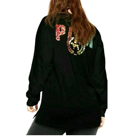 Victoria's Secret Pink Campus Crew Bling Sequin Dog Long Sleeve Tee T-Shirt Pocket Black Size Medium New