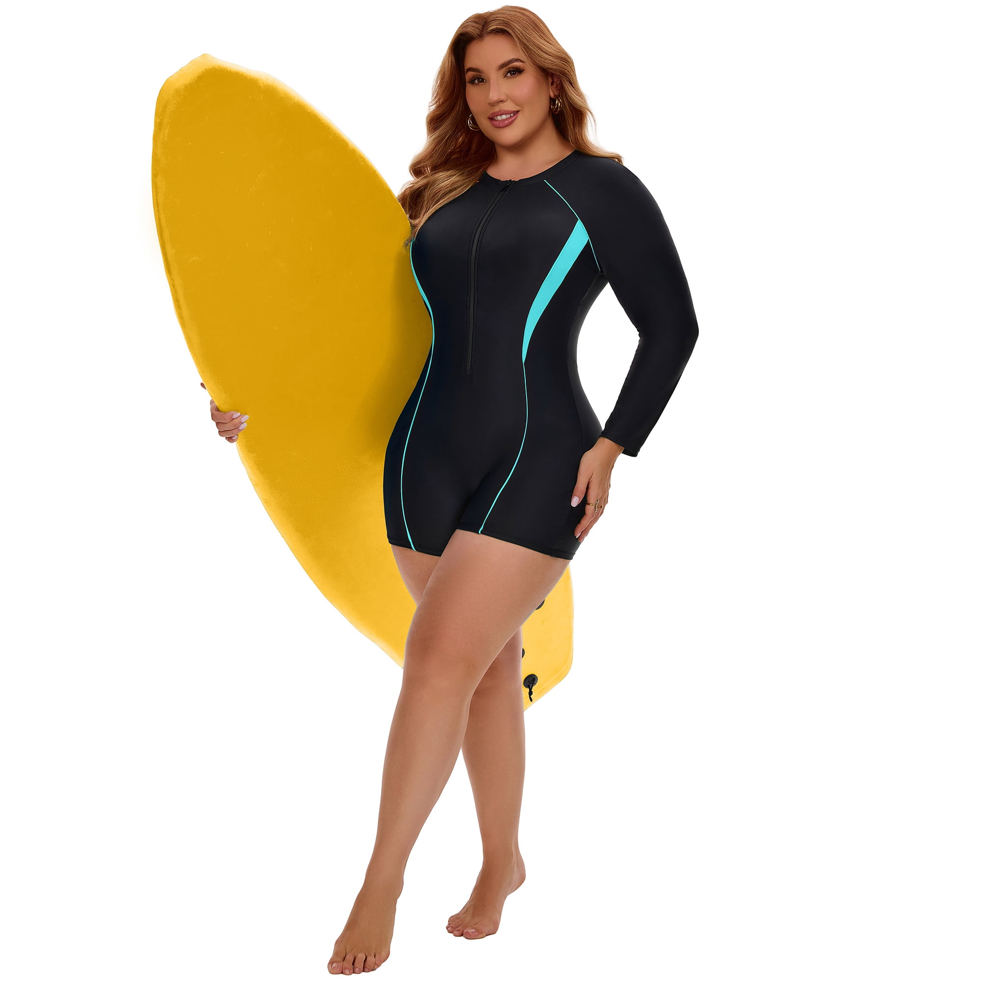 DARING DIVA Women's Plus Long Sleeve Surfing Bathing 1 Suit L Black Turquoise