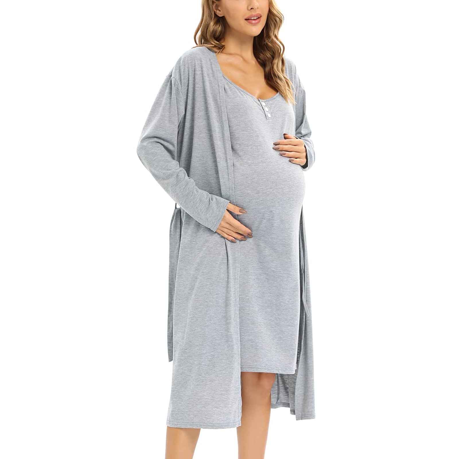 WBQ Women's 2 Piece Maternity Nursing Nightgown Robe Set Button Down