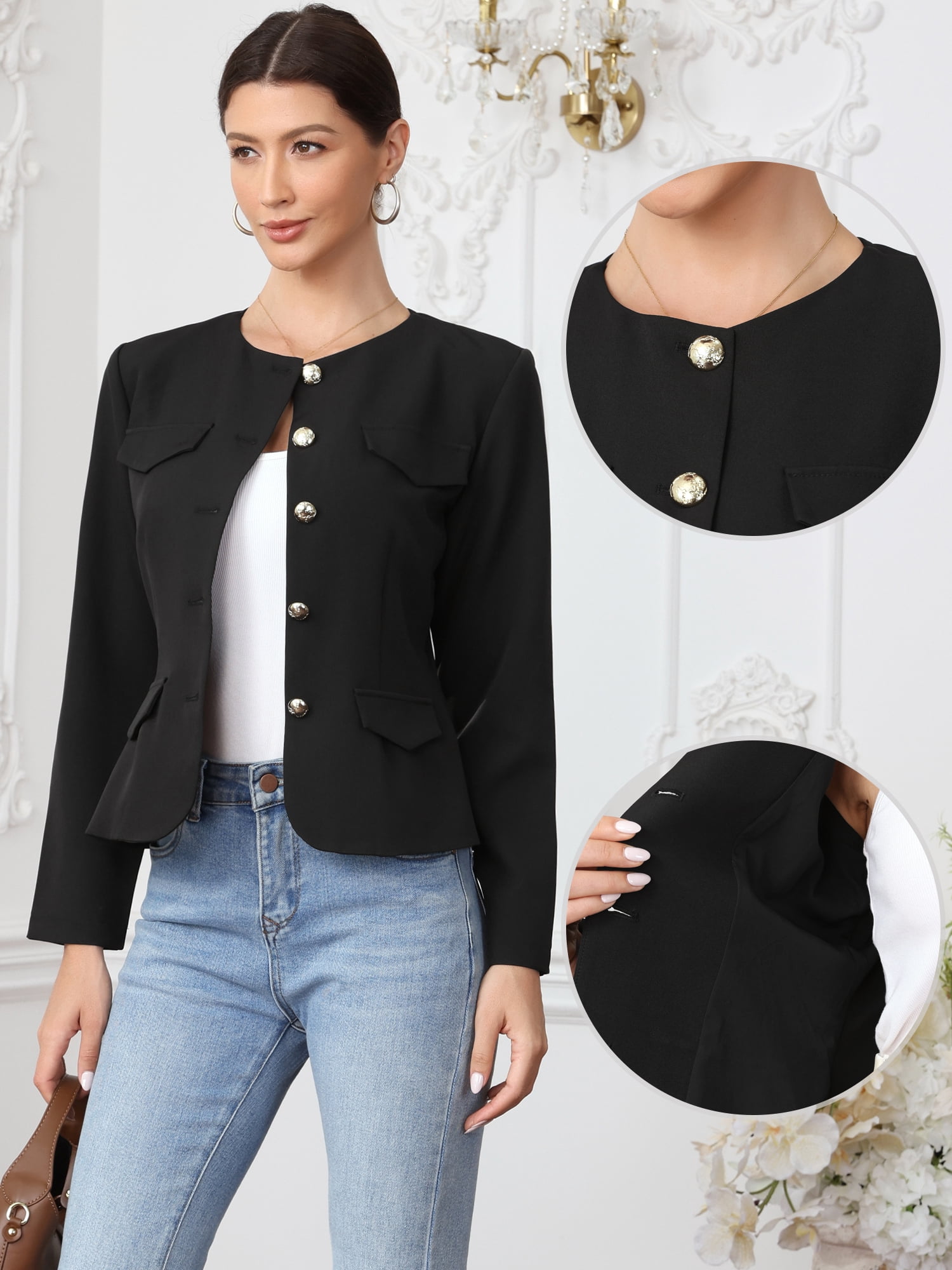 DARING DIVA Women's Collarless Button Down Long Sleeve Blazer Jacket L Black