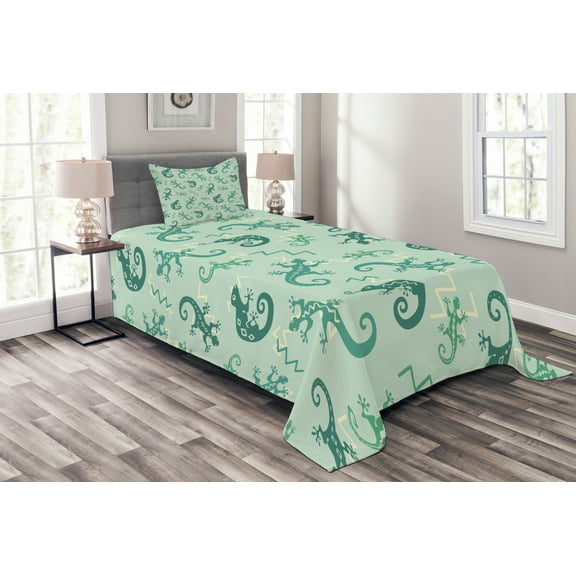 Ambesonne African Quilted Bedspread Set 2 Pcs, Exotic Lizard Reptile, Twin Size, Green Mint