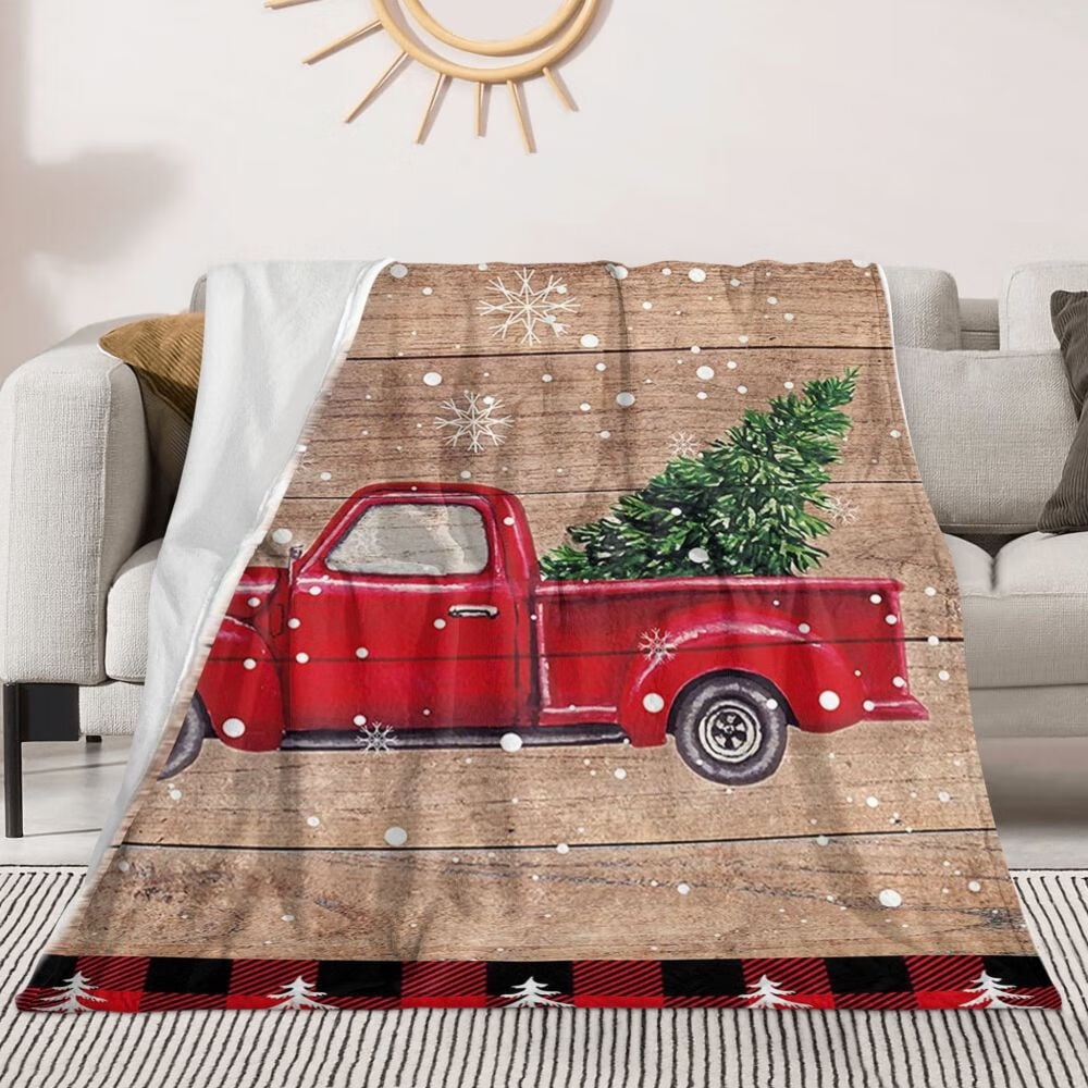 Christmas Blanket, Red Truck with Christmas Tree Flannel Blankets
