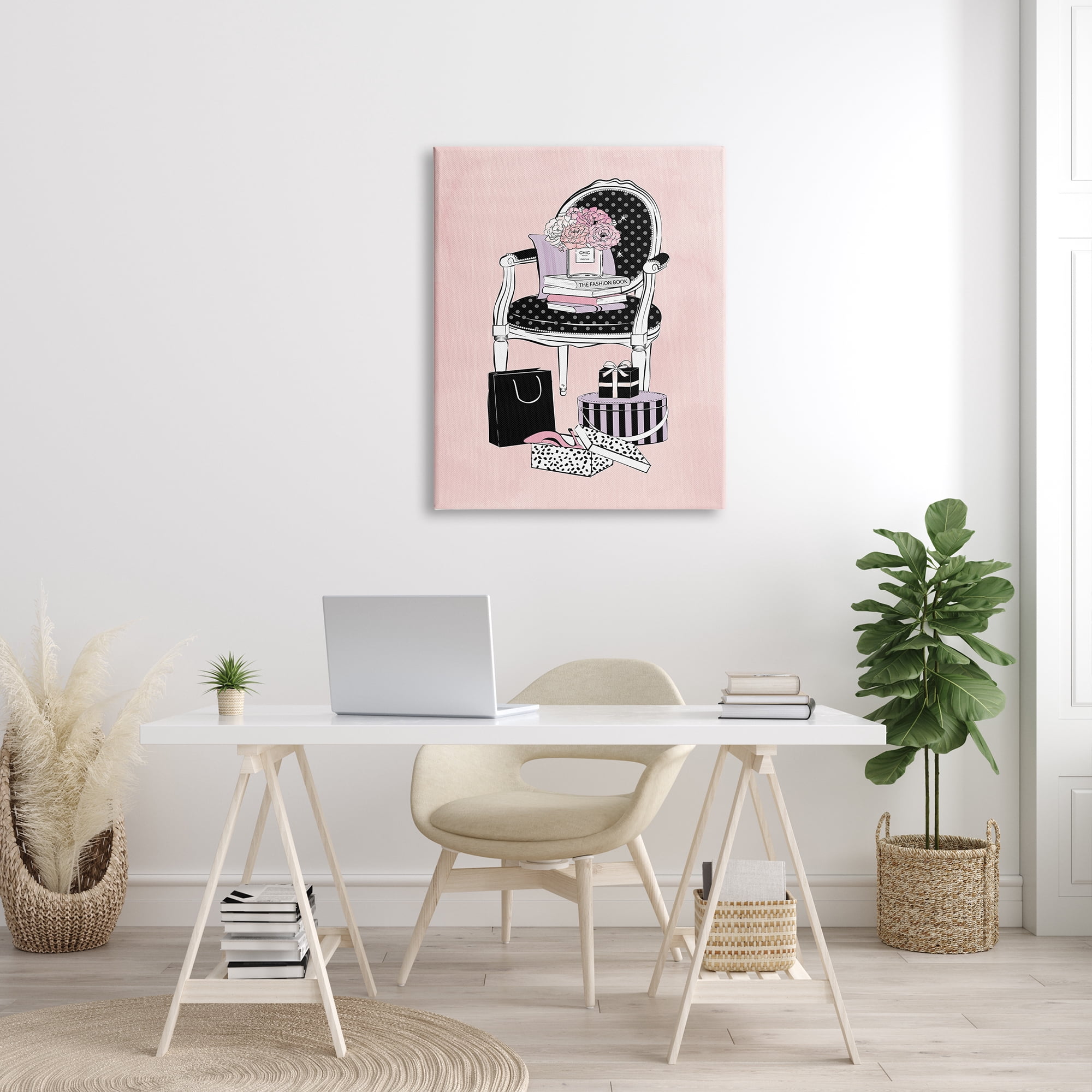 Stupell Industries Chic Fashion Still Life Chair with Shopping Bags Beauty & Fashion Painting Gallery Wrapped Canvas Print Wall Art, 30 x 40