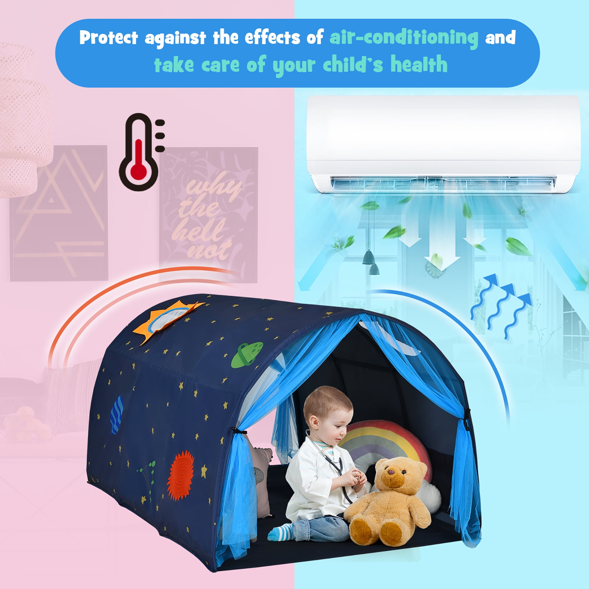 Costway Kids Bed Tent Play Tent Portable Playhouse Twin Sleeping w/Carry Bag Blue