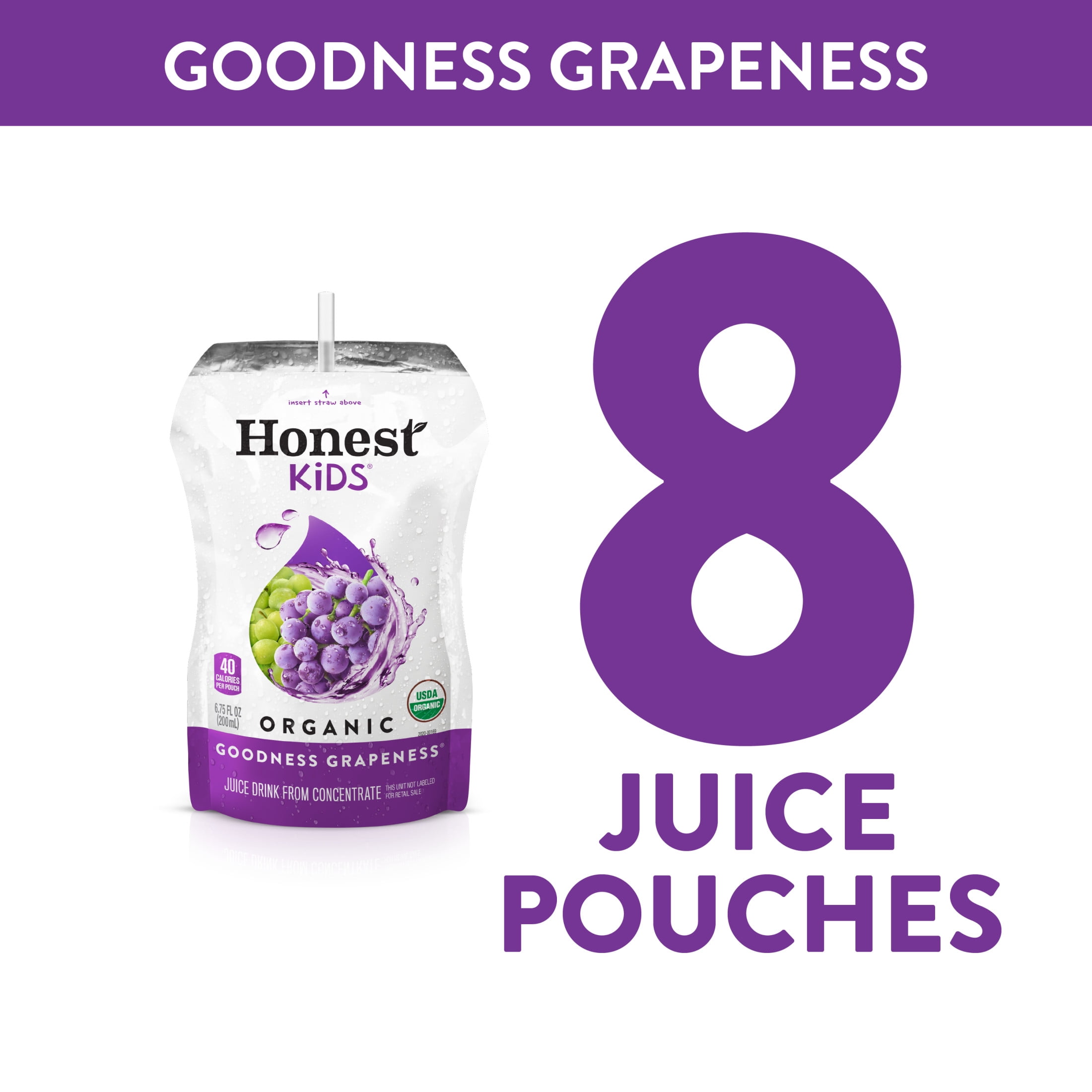 Honest Kids Organic Goodness Grapeness Grape Fruit Juice, 6.75 fl oz, 8 Pouches