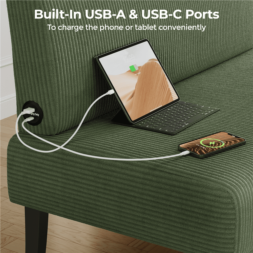 Yaheetech Corduroy Armless Loveseat with Strong Rubberwood Legs & USB Ports, Green