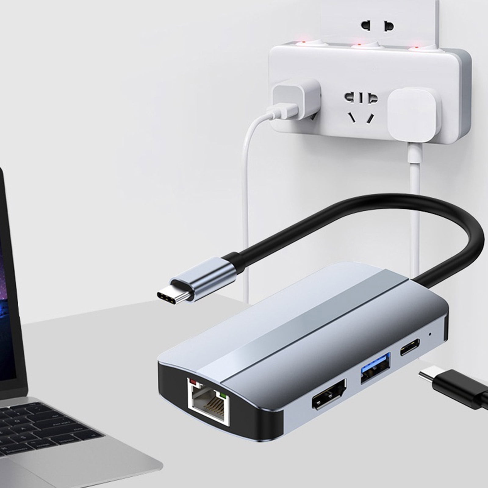 Zeiwohndc USB Type C Hub 6 in1 USB3.0 HDMI-Compatible LAN 5GB PD Fast Charging Splitter