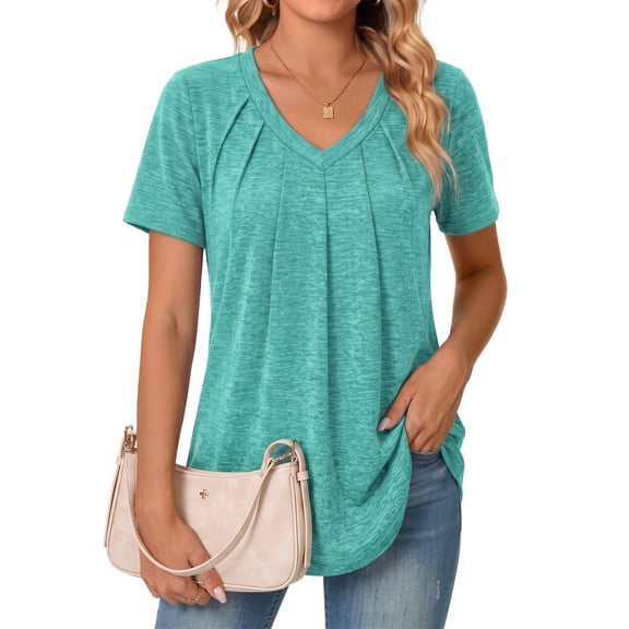 MOYIKO Blouses for Women Short Sleeve Shirts Dressy Casual V Neck Tunic Tops with Pleats