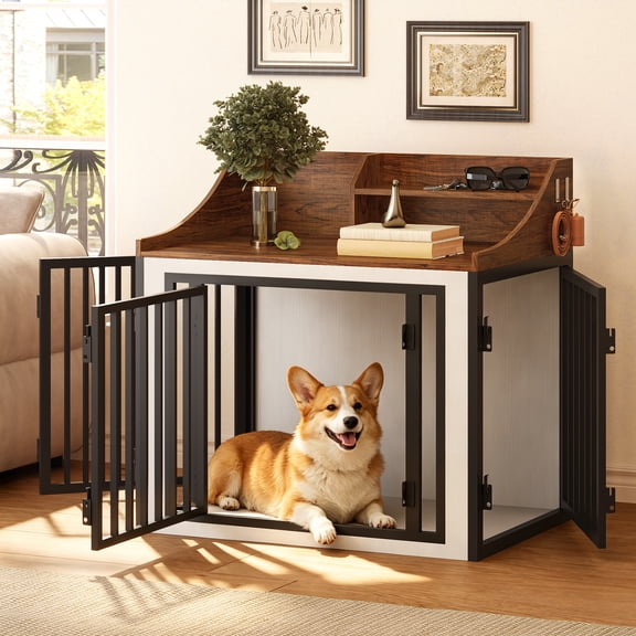 Porueti Wood Dog Crate Furniture for Small Dog, Indoor Dog Kennel with 3 Doors, 4 Hooks and Storage Shelf, White Brown