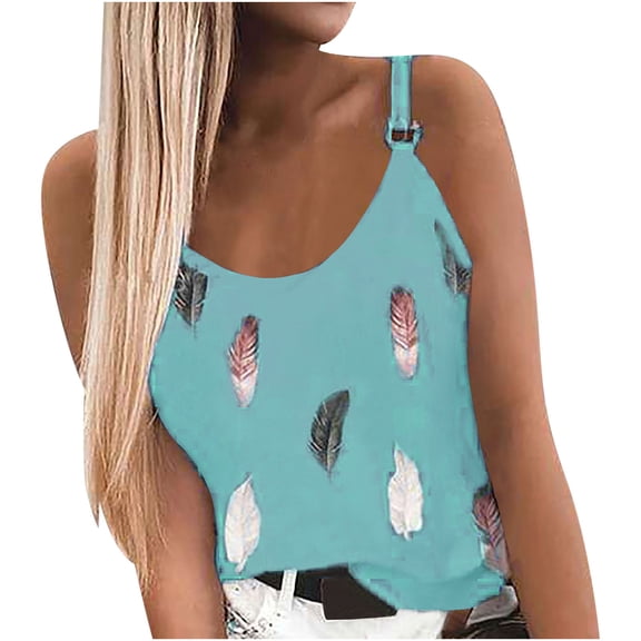 Odeerbi Womens Tops Dressy 2025 Casual Blouse Trendy Print Sleeveless Round Neck Vest Camis Blue