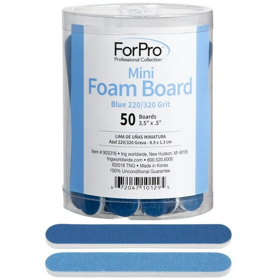 ForPro Blue Mini Foam Board, 220/320 Grit, Double-Sided Manicure Nail File, 3.5” L x .5” W, 50-Count