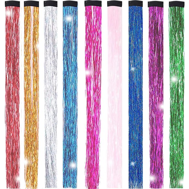 Kit de mechones de espumillón para el cabello 9 colores Destacados Extensiones de cabello lacio sintético colorido 18 "Piezas de cabello brillantes brillantes Fiesta Multicolor Clip en piezas de cabello para mujeres Niñas Regalo para niños (9 colores 9 piezas) kryc Kuyhfg Bienvenido a Kuyhfg