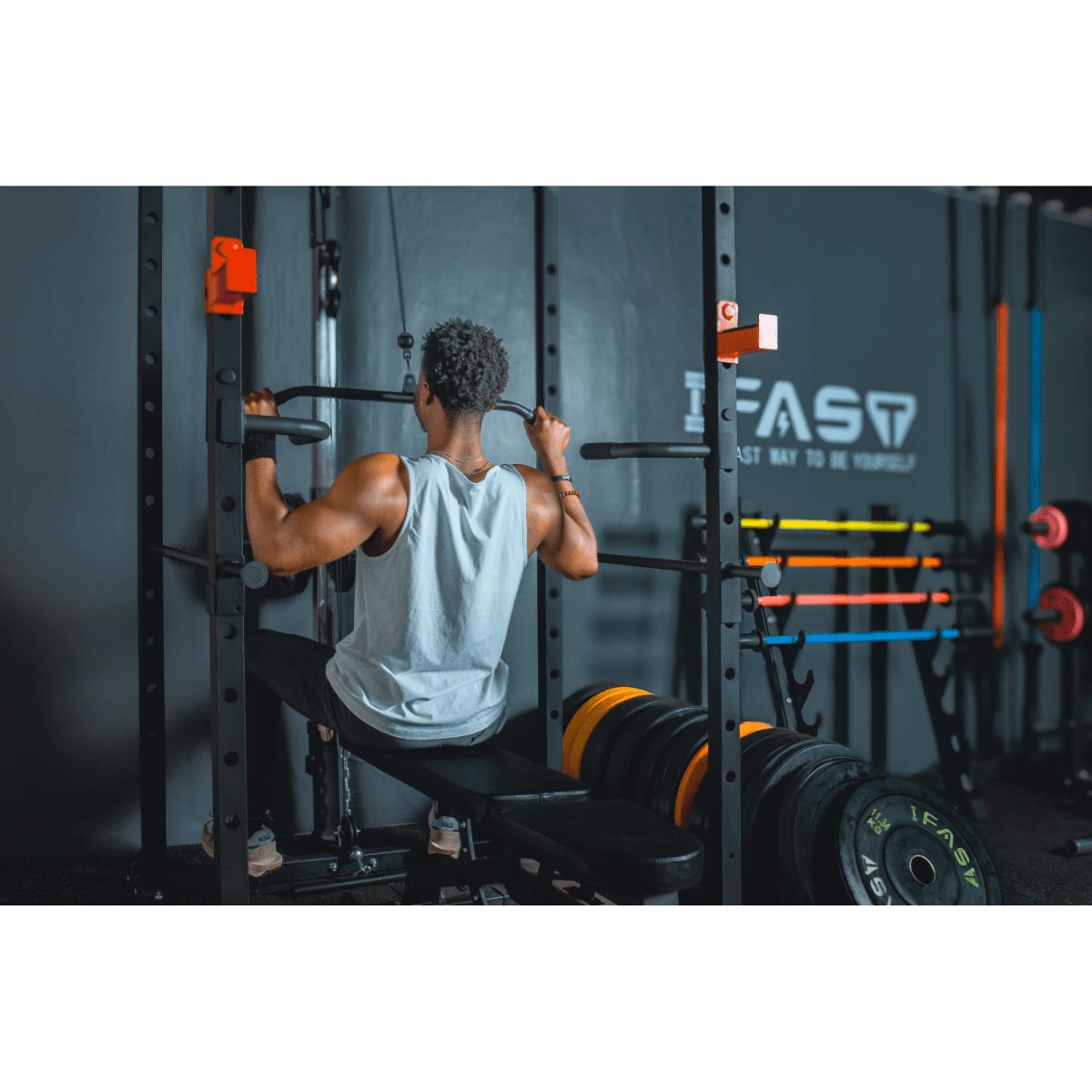 LuckyNote Multi-functional Power Cage 1000Lbs Capacity, Home Squat Rack with Pullup Bar, 200Lbs Bumper Plates & 7FT Olympic Bar, Black+Red