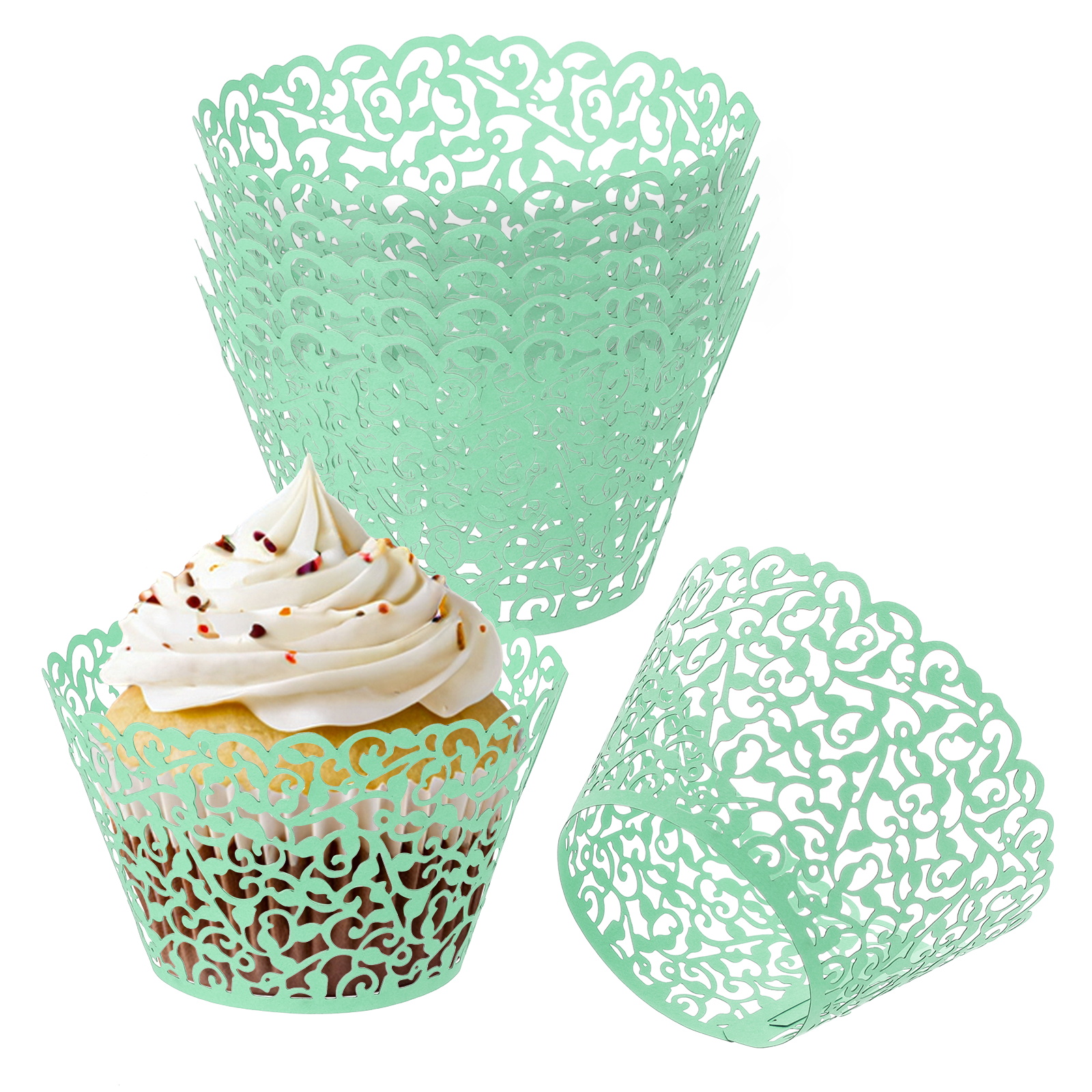 Uxcell Cupcake Wrappers Paper, 50 Pack Baking Cups Standard Vine Decoration for Anniversary Birthday Green