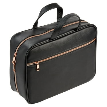 Walmart Weekender Travel Cosmetic Bag with Hanging Hook, Black Saffiano Leather, for Travel with Makeup or Toiletries, Size 12.75" x 4.5" x 9.5"