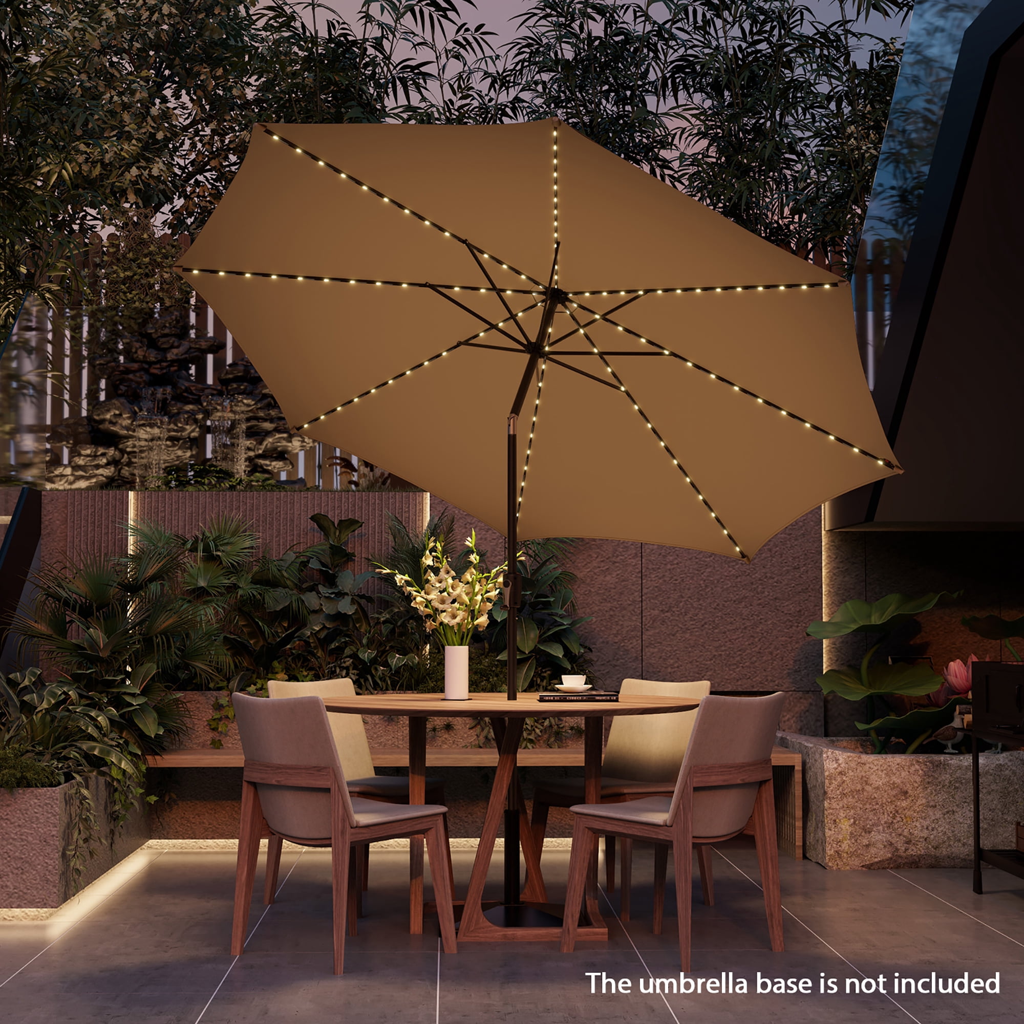Gymax 10FT Solar Patio Umbrella 112 LED Lighted Umbrella Outdoor Table Market Umbrella Beige