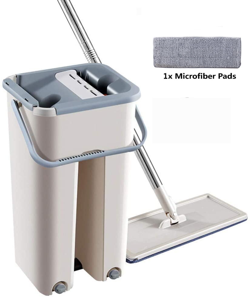 Flat Squeeze Mop Bucket Hand Free Wringing Stainless Steel Mop Non Hand