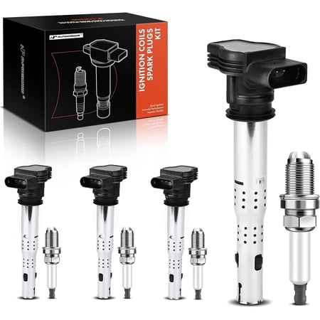 A-Premium Set of 4 Ignition Coil Pack and Iridium Spark Plugs Compatible with Audi A3 2004-2013, A4 2005-2016 & Volkswagen Jetta 2005-2015, Tiguan 2009-2017 & More, 2.0L 2.5L