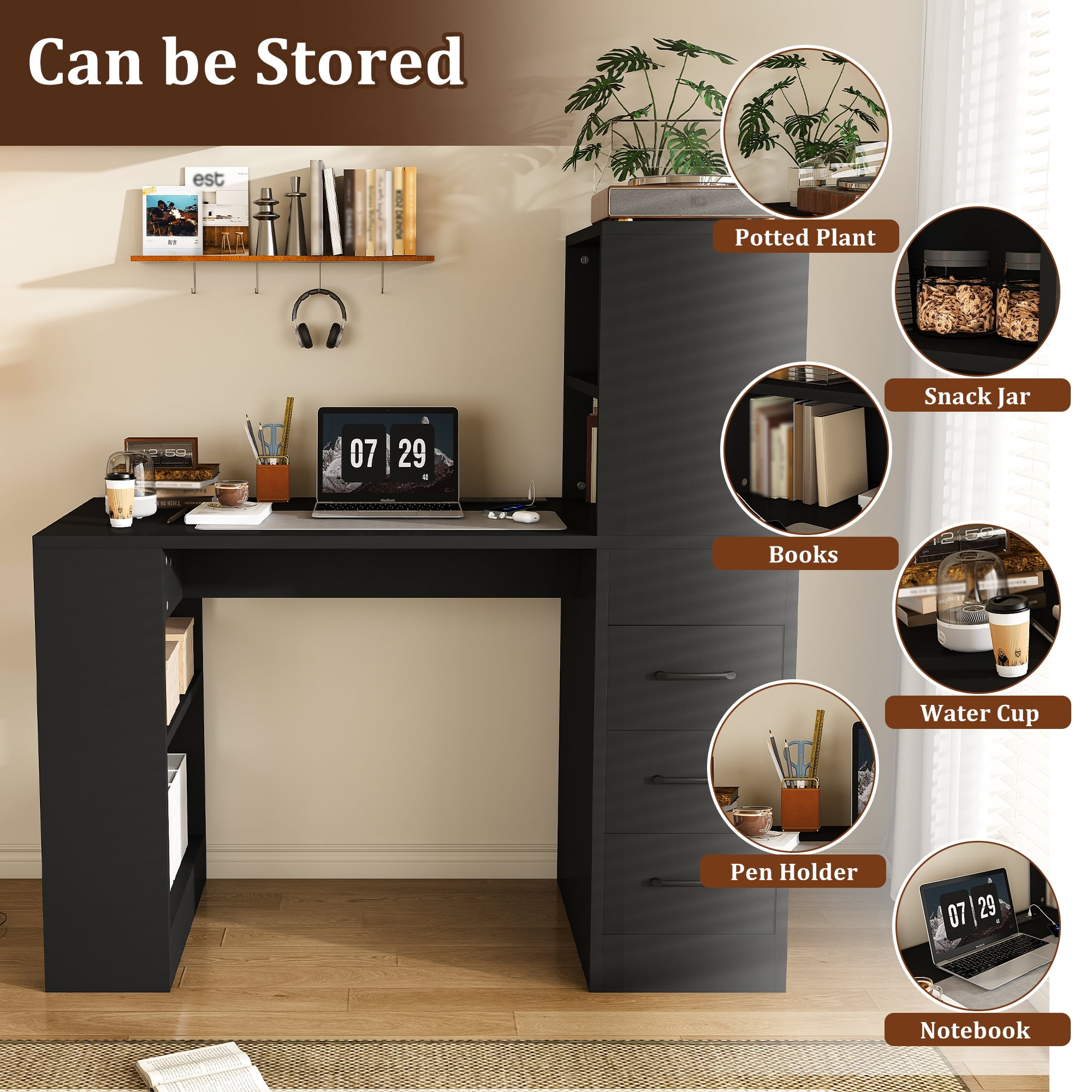 Computer Desk with 4-in-1 Charging Socket and 3 Slide Drawers, 4-Shelf Storage Workstation for Home Office and Study, Black