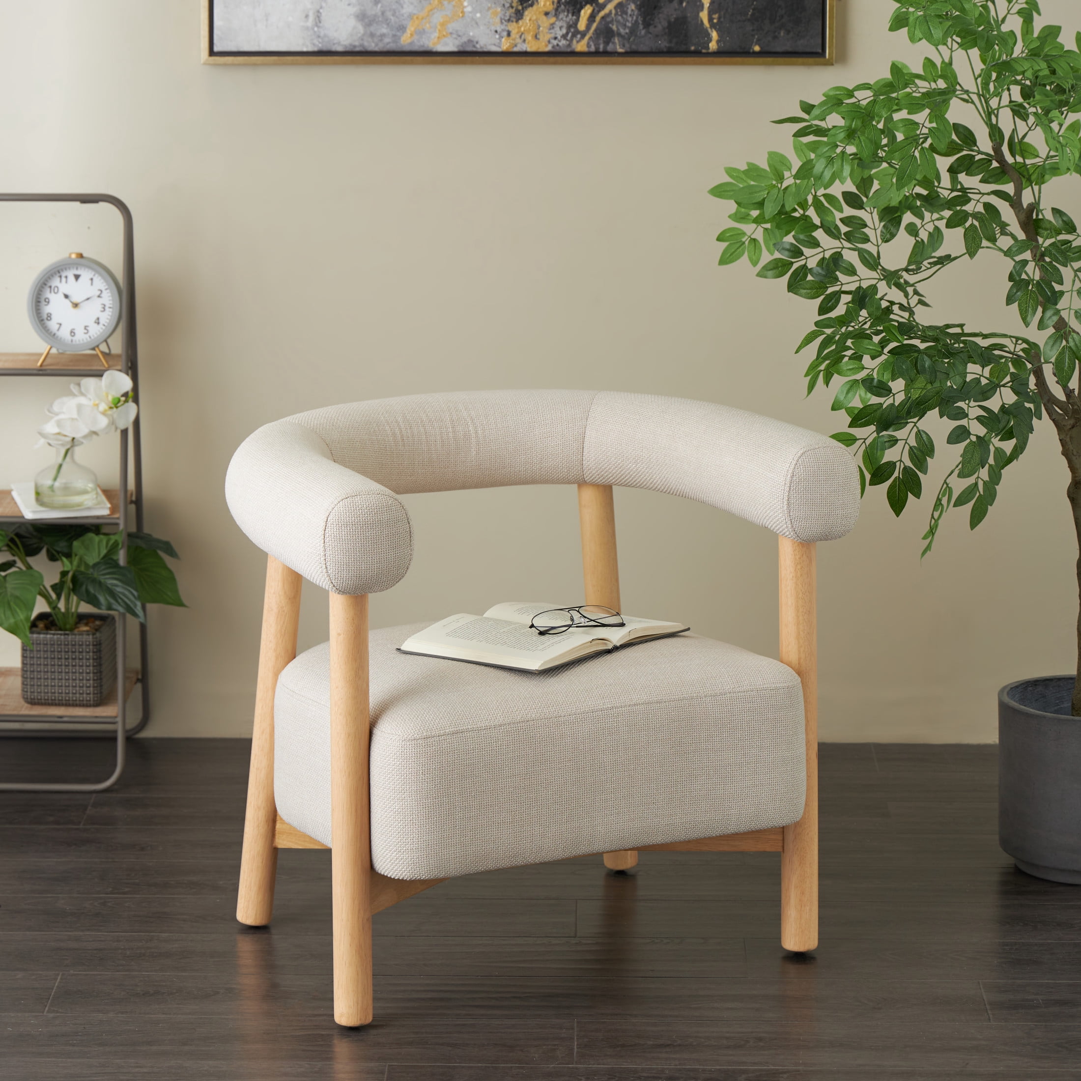 DecMode Polyester Curved Back Mid Century Modern Round Boucle Lounge Chair with Light Brown Wood Frame, Beige