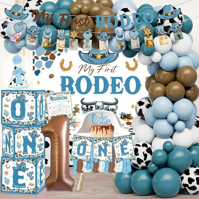 My First Rodeo Decorations Boy, Cowboy 1st Birthday Party Decorations, Cowboy Balloon Arch Kit Western Party Supplies Backdrop Tablecloth Photo Banner for 1st