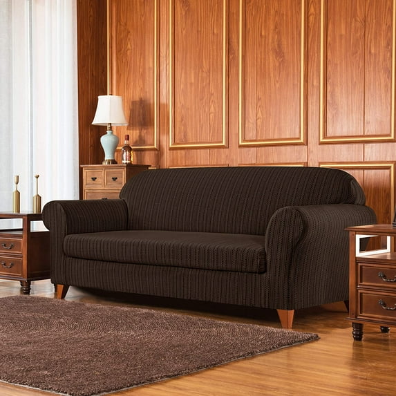 Subrtex Stretch 2-Piece Sofa Slipcover Striped Jacquard Couch Sofa Cover (Medium, Chocolate)