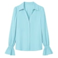 thumbnail image 4 of hoksml Women's Puff Sleeve Flare Cuff Button Down Shirt Lapel V Neck Solid Blouse Party Office Everyday, 4 of 5