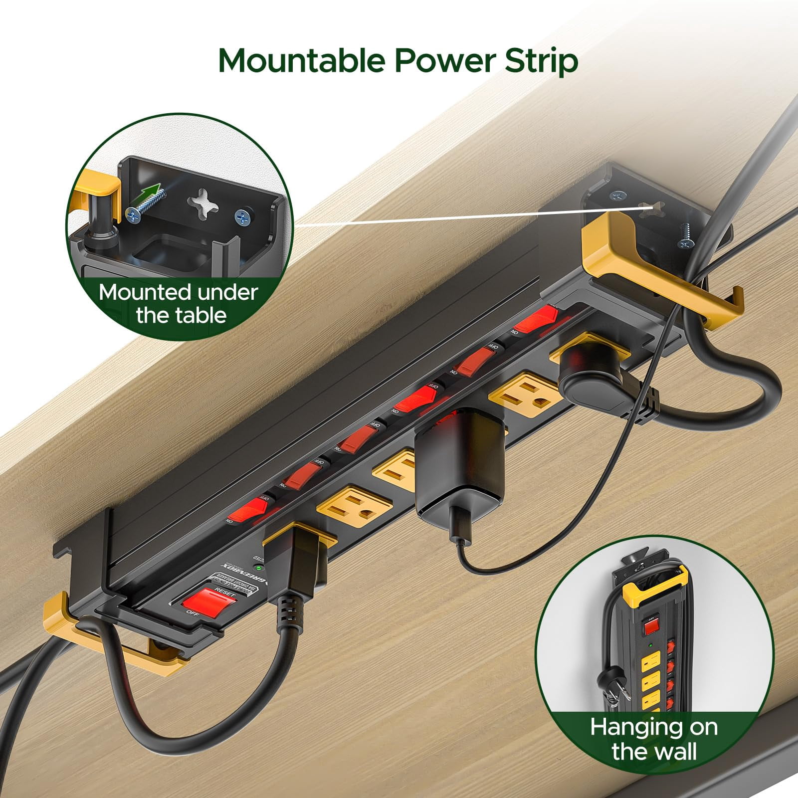 6 Outlet Heavy Duty 3300J Surge Protector Power Strip with Individual Switches, Metal Mountable Power Strip with Flat Plug, Cord Manage, Wall Mount, 6F Cord, Wide Spaced, ETL Listed
