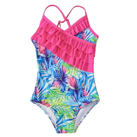

Neon Toddler Swimsuit Girl Ruffled Summer Beach Floral Print Swimwear Bathing Suits For Teens Girls Size 150
