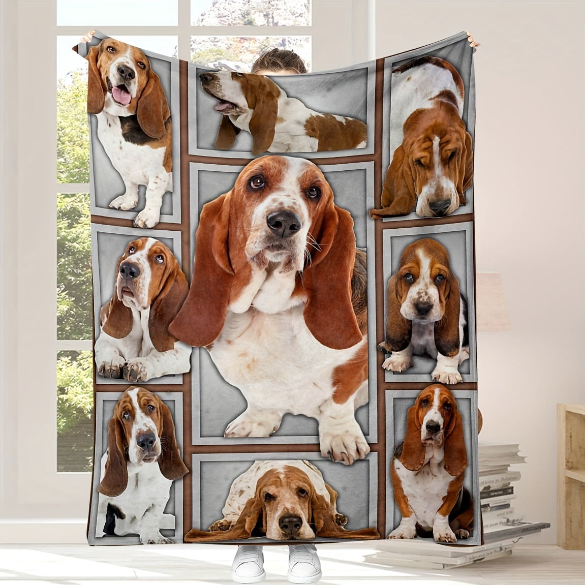 Reversible Basset Hound Flannel Throw Blanket - All-Season Cozy Knitted Blanket with Realistic Dog Print, 100% Polyester, Machine Washable, Red & White Design, Perfect for Home or Travel