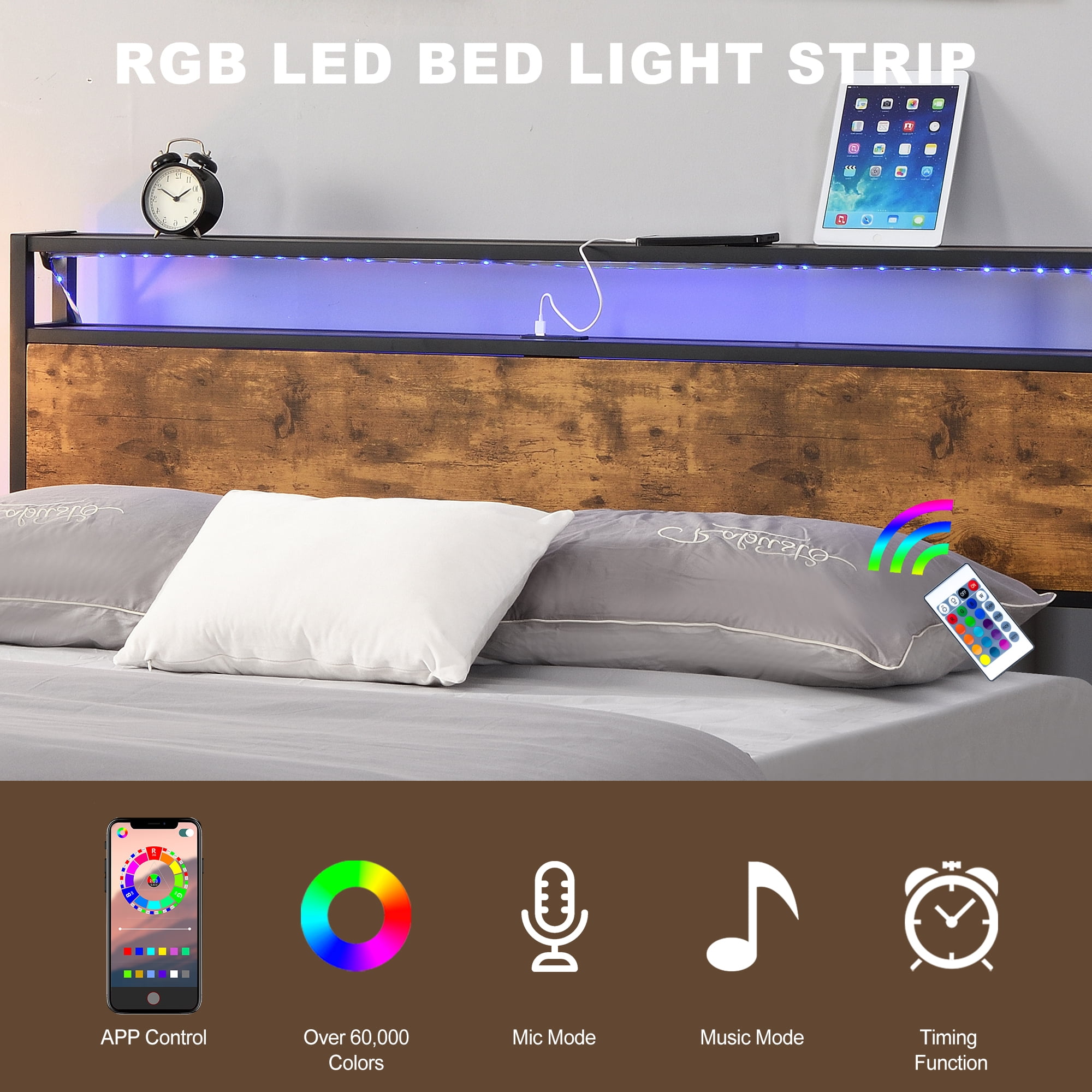 Leumius Full Size Bed Frame with LED Lights and 2 USB Ports,Industrial Platform Bed with Under-Bed Storage and Wooden Headboard,Noise Free,Rustic Brown
