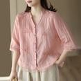 thumbnail image 3 of Nfurl Women's Linen Tops Elegant Embroidered Print Button Down Linen Shirts Casual 3/4 Sleeve Summer Tops Pink XXL, 3 of 3