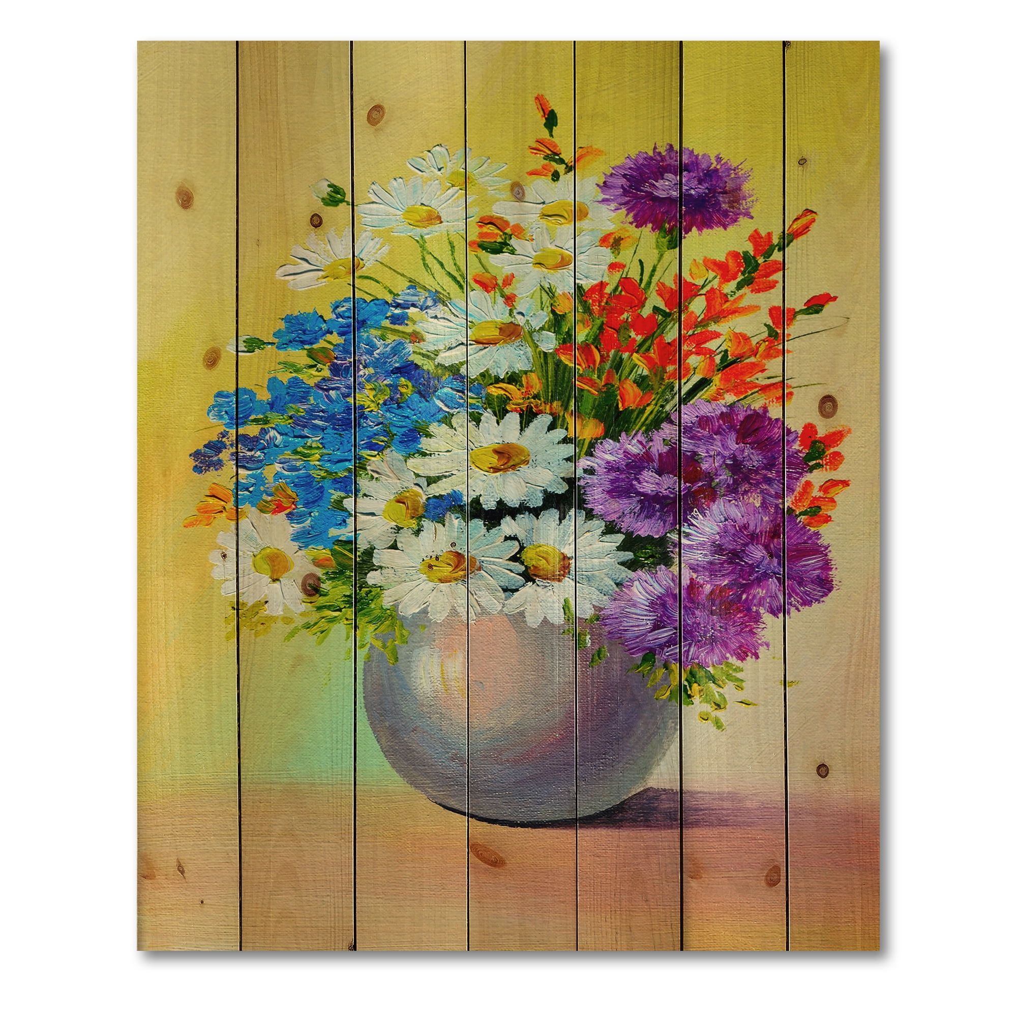 Designart 'Still Life A Bouquet Of Red Blue & White Flowers' Traditional Print on Natural Pine Wood