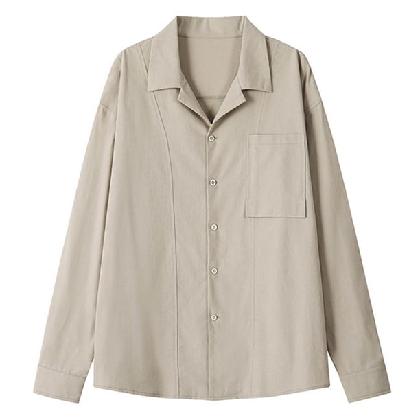 Camisas de Manga Larga Casual de Color Sólido Cuello con Botón de Bolsillo Delantero, Camisas de Manga Larga para Hombres con Bolsillo