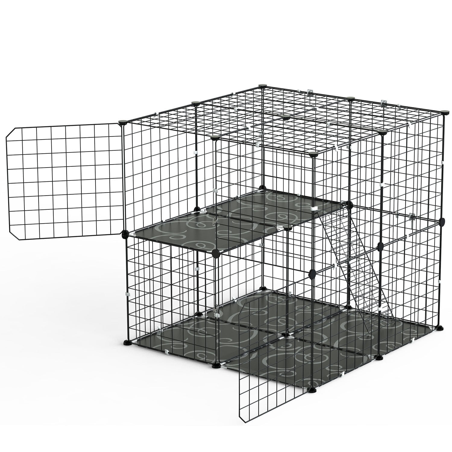 Zorpupoa 1Pc 2-Tier Cat Cage Playpen for Indoor Small Pets Detachable Cat Kennel House with Climbing Ladder 2 Doors, Multi-Level Enclosure for 1-2 Cats  Ferrets  Squirrels  Rabbits,Black