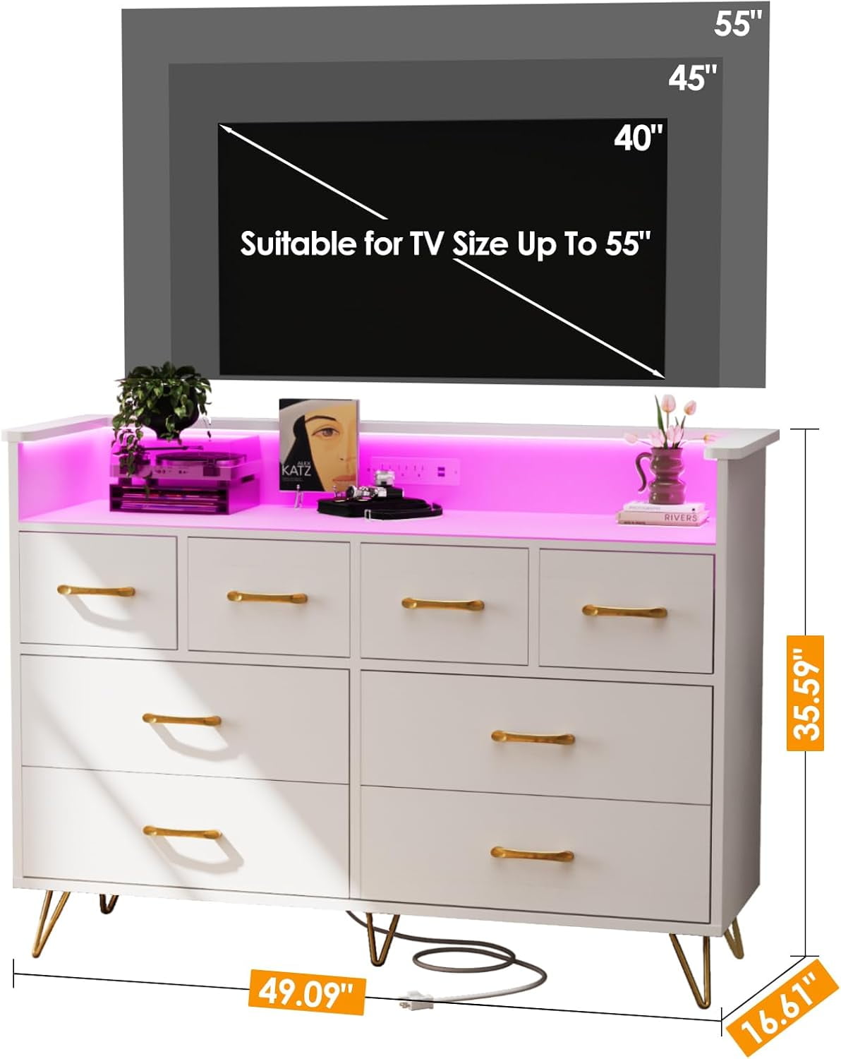 White Dresser for Bedroom with LED Light & Charging Station, 8 Drawers Wooden Dressers with Open Space, Modern Chest of Wide Drawers for Living Room, Entryway, Hallway