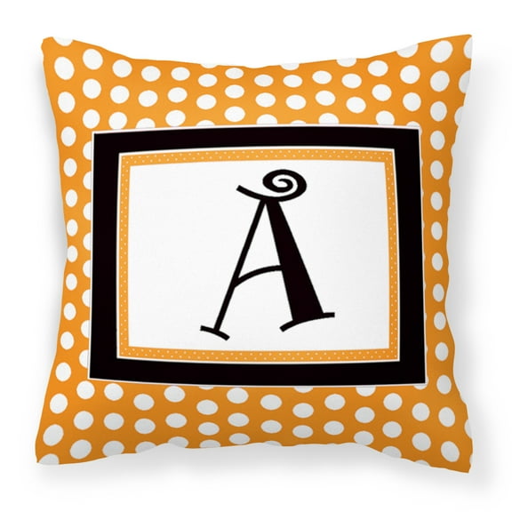 Letter A Monogram - Orange and Black Polka Dots Fabric Decorative Pillow