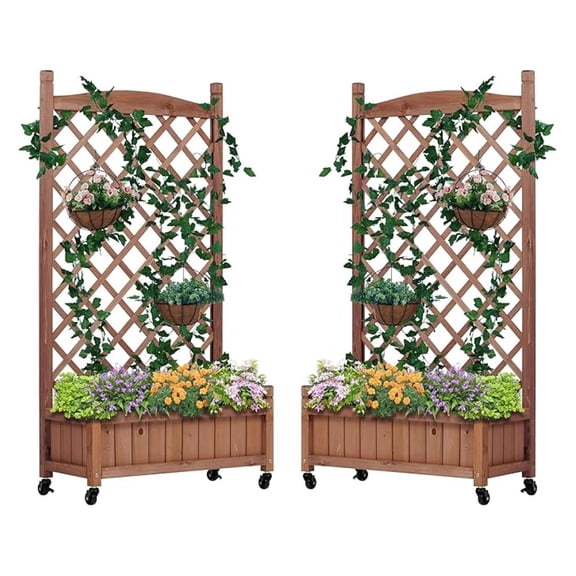 Raised Garden Bed with Trellies 2 Pack, Outdoor Wooden Planter Box & Plant Stand with Climbing Racks