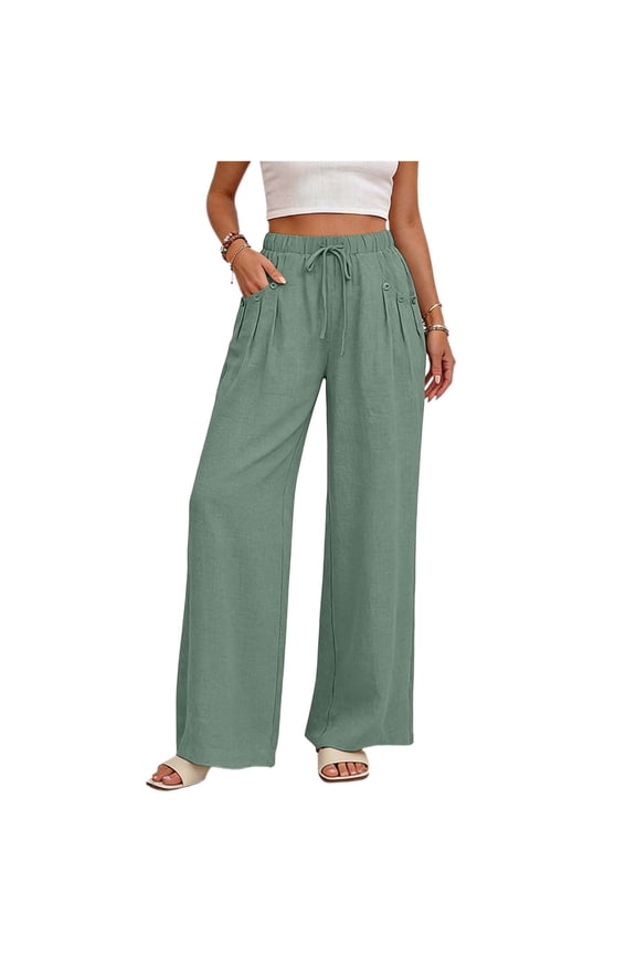 Vacation Pants Linen Pants Flowy Women's Summer Loose Straight Denim Pants with Buttoned Pockets and Pleats Mint Green 2X