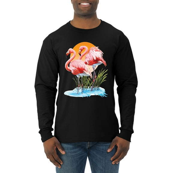 Wild Bobby, Flamingo Love Print, Animal Lover, Men Long Sleeve Shirt, Black, Small