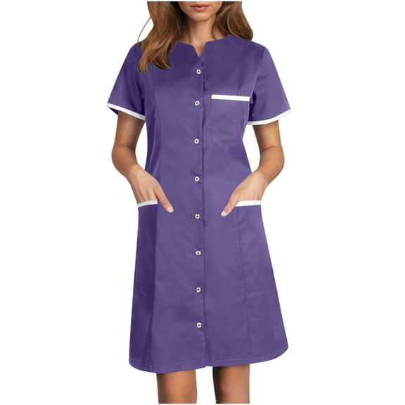 Ygbgbb Women's Short Sleeve Work Dress Scrub Dresses Button Down Nursing Workwear Lightweight Casual Housekeeping Midi Dress with Pockets Purple S