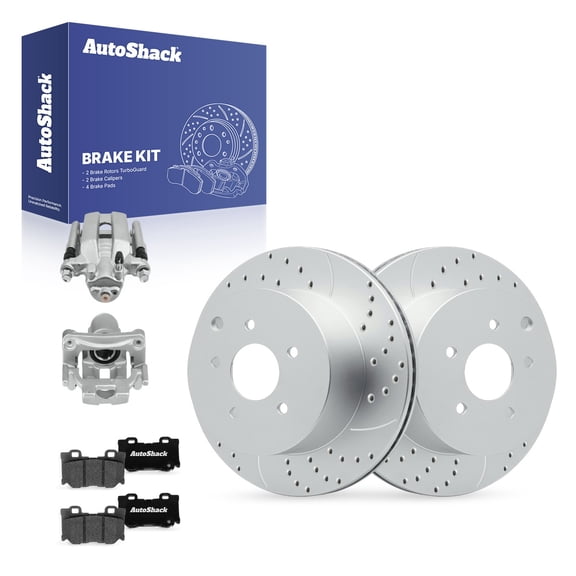 AutoShack Rear Vented Drilled & Slotted Coated Brake Rotors Silver Matte Finish   Ceramic Pads   Calipers 8-PC Brake Kit Replacement for 2013 INFINITI M37 2019 INFINITI Q70 TurboGuard 12.13" (308 mm)