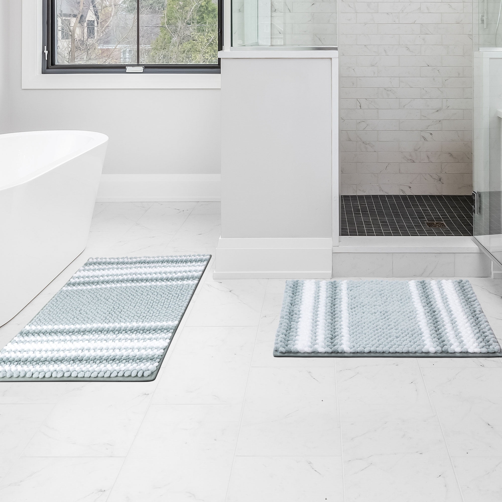 PiccoCasa 2Pcs Chenille Bathroom Rug Set Nonslip Absorbent Light Cyan